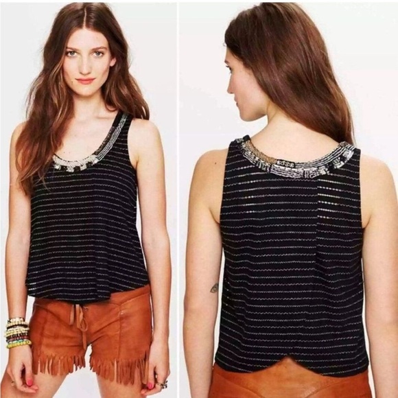 Free People Aztec Louie Beaded Tank Split Back Metallic Black Size Small Medium - Picture 1 of 9